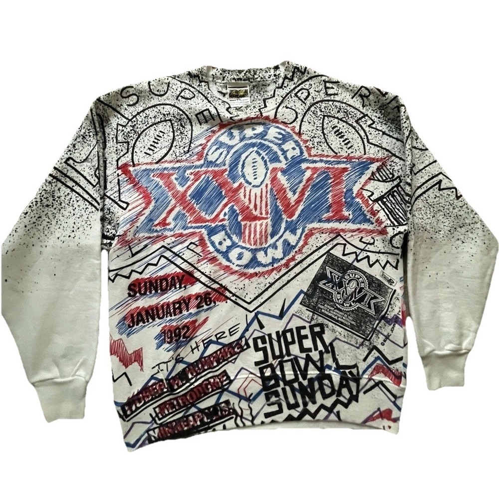 Super Bowl XXVI 1992 Crewneck Sweatshirt M Graffiti AOP Vtg Magic Johnson 90s